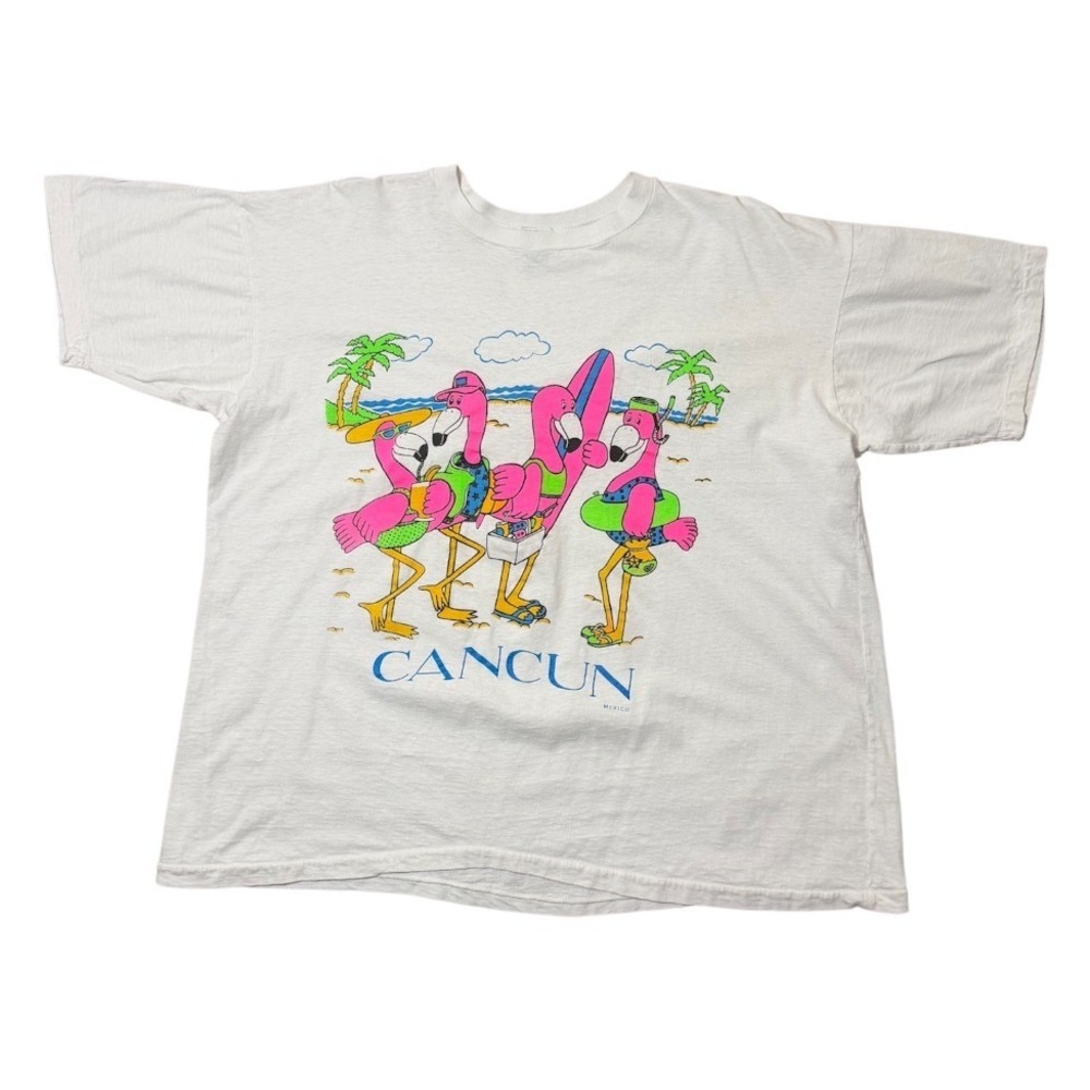 Vintage 80s Cancun Mexico Flamingo Birds Beach Surf Ocean Retro Neon Art T-shirt